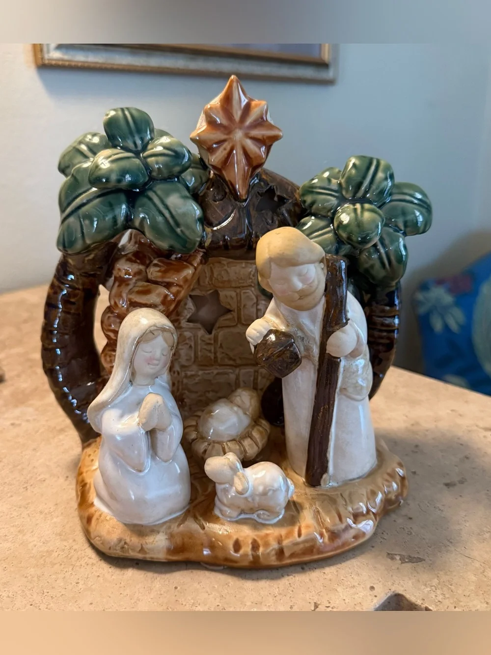 Vintage Glazed Ceramic Nativity Scene Figurine - Palm Trees & Star